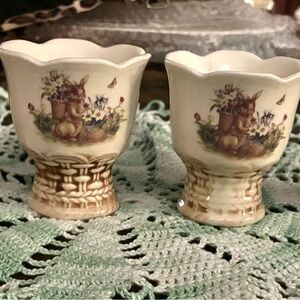 Vintage Floral Ceramic Egg Cups - Cream and Brown Decorative Set